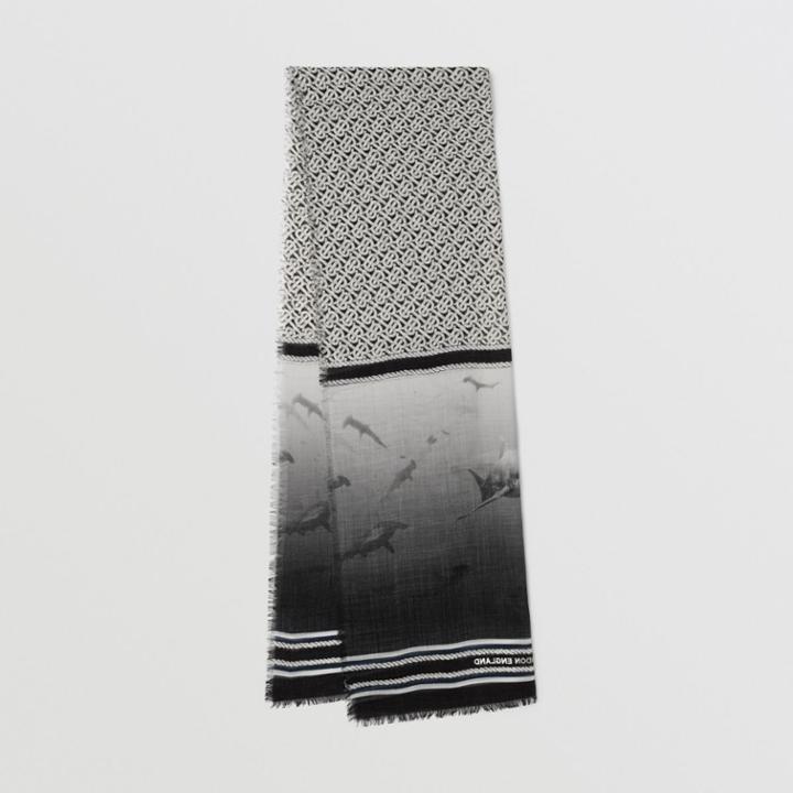 Burberry Burberry Montage Print Silk Wool Scarf, Monochrome