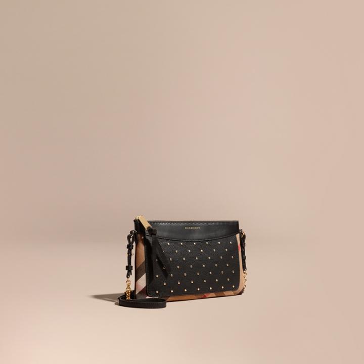 Burberry Burberry Riveted Leather And House Check Clutch Bag, Black