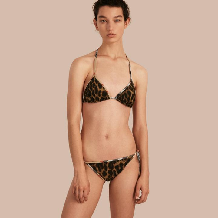 Burberry Burberry Animal Print Triangle Bikini With Check Trim, Size: Xs, Beige