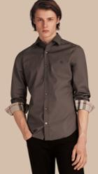 Burberry Burberry Check Detail Stretch Cotton Poplin Shirt, Size: Xxxl, Grey