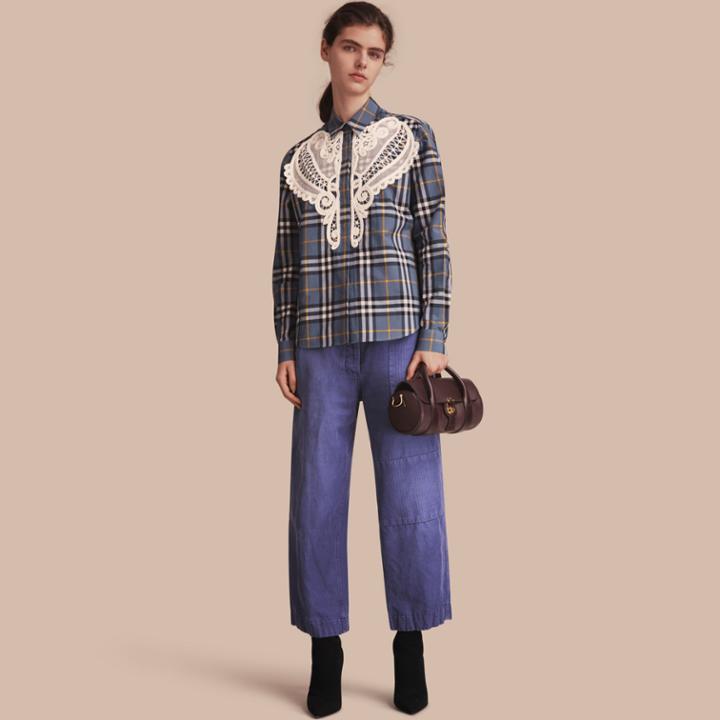 Burberry Burberry Lace Appliqu Check Cotton Shirt, Size: 14, Blue