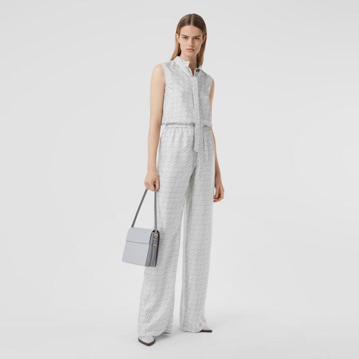 Burberry Burberry Monogram Print Silk Twill Wide-leg Trousers, Size: 02, White