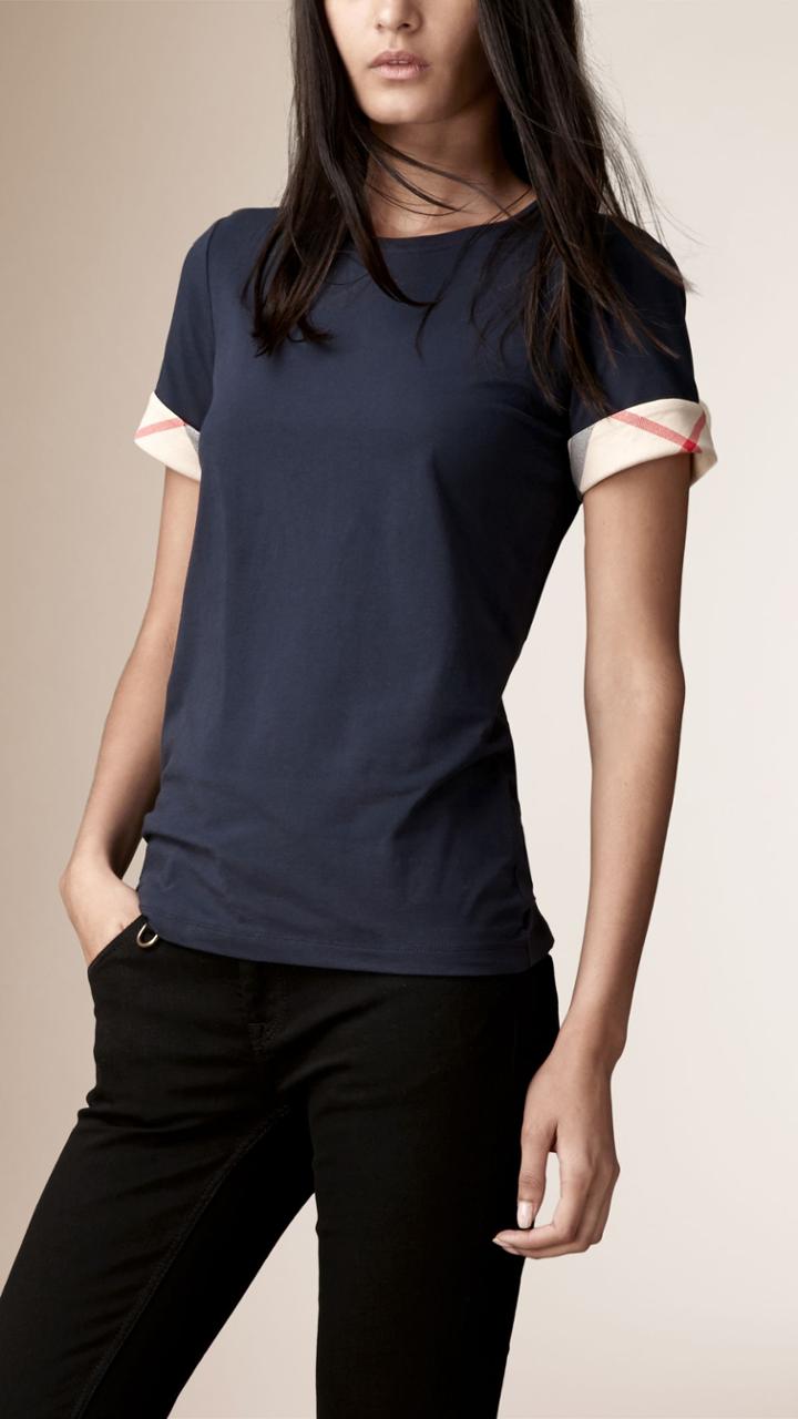 Burberry Burberry Check Cuff Stretch Cotton T-shirt, Size: Xs, Blue