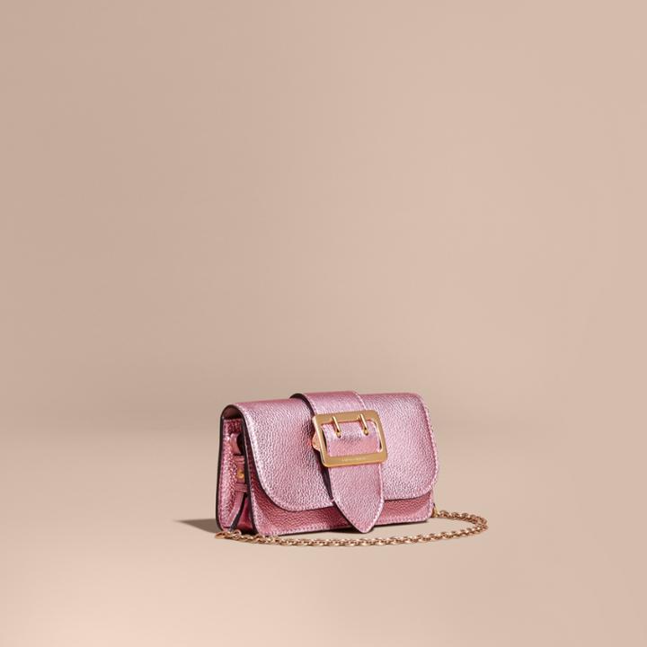 Burberry Burberry The Mini Buckle Bag In Metallic Grainy Leather, Grey