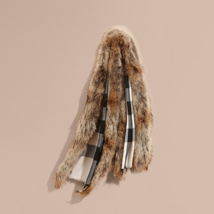 Burberry Burberry Raccoon Trim Check Wool Cashmere Scarf, Beige