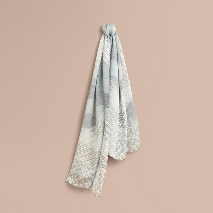 Burberry Burberry Floral Lace And Check Print Silk Scarf, Blue