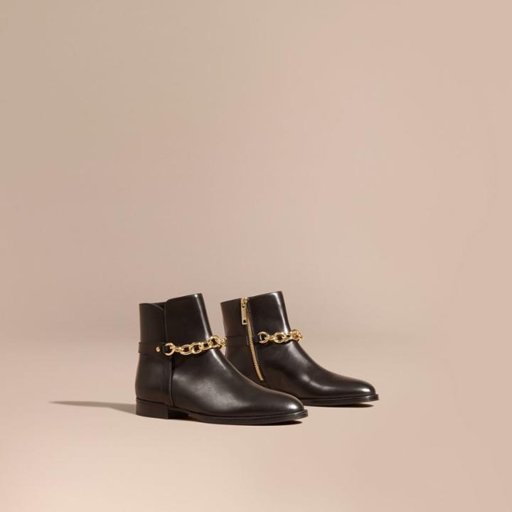 Burberry Burberry Chain Detail Leather Ankle Boots, Size: 39, Black
