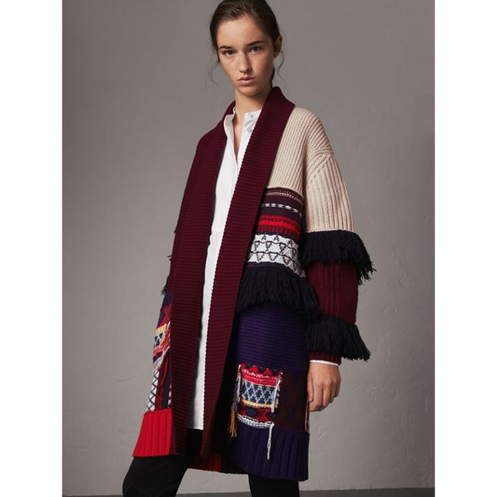 Burberry Burberry Fringed Wool Cashmere Patchwork Cardigan Coat, Size: Xs/s, White
