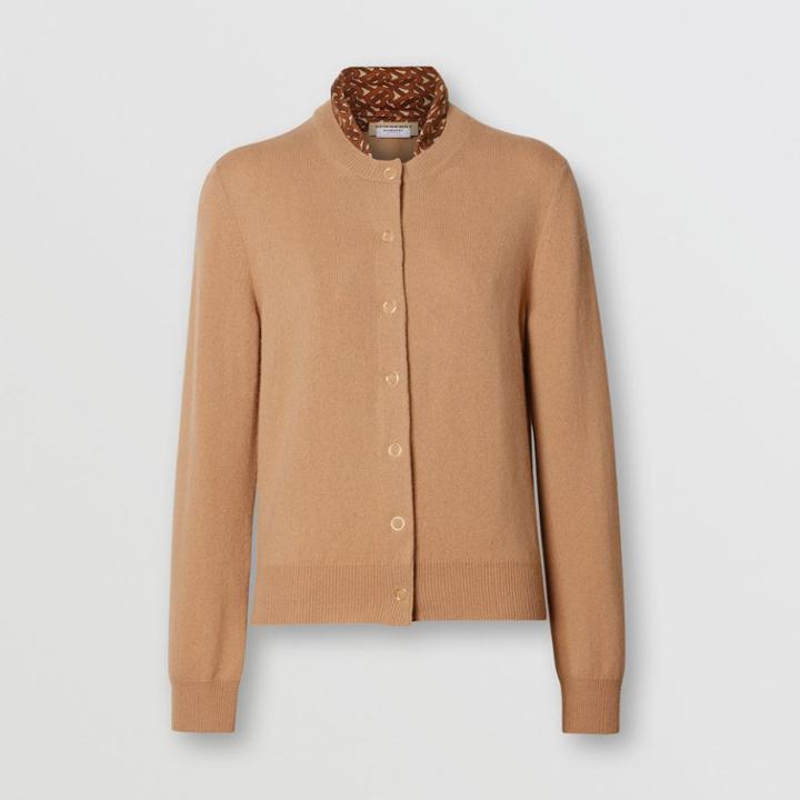 Burberry Burberry Monogram Print Silk Detail Cashmere Cardigan, Brown
