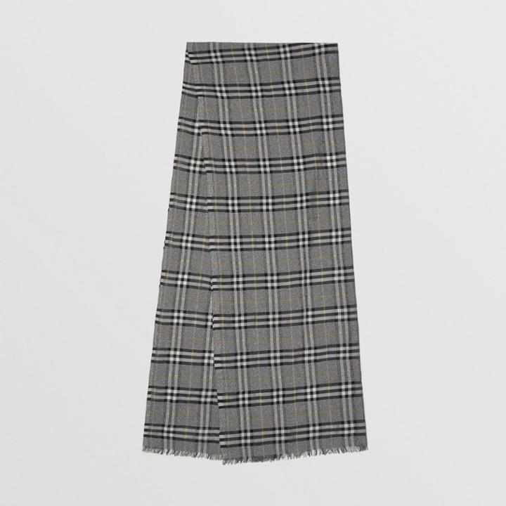 Burberry Burberry Metallic Vintage Check Wool Silk Blend Scarf, Grey