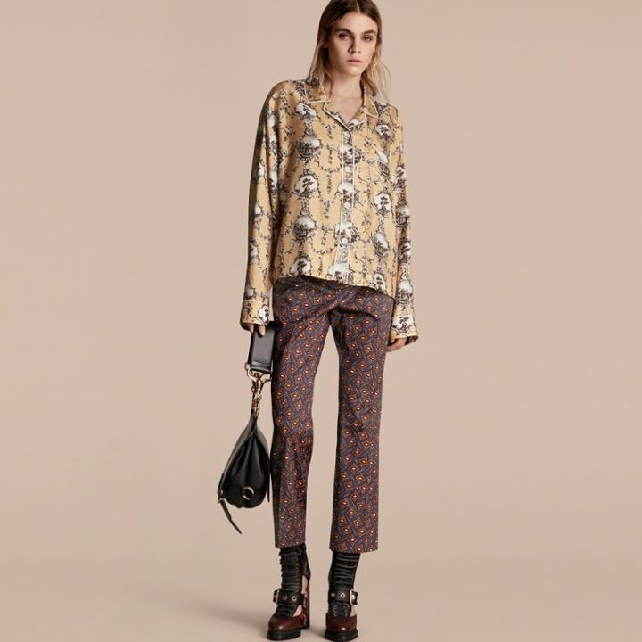 Burberry Burberry Cropped Scattered Geometric Tile Print Cotton Trousers, Size: 06, Blue