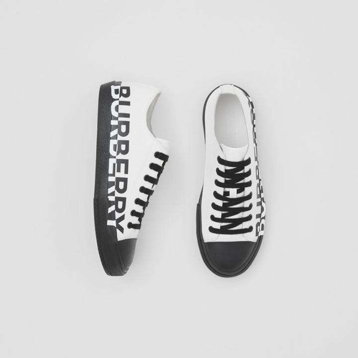Burberry Burberry Logo Print Two-tone Cotton Gabardine Sneakers, Size: 37, White