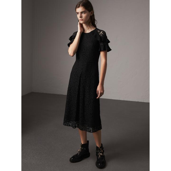 Burberry Burberry Ruffle Detail Floral Lace Dress, Size: 06, Black