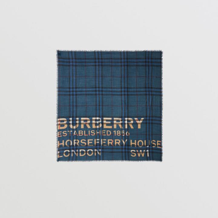 Burberry Burberry Horseferry Print Check Wool Silk Large Square Scarf, Blue