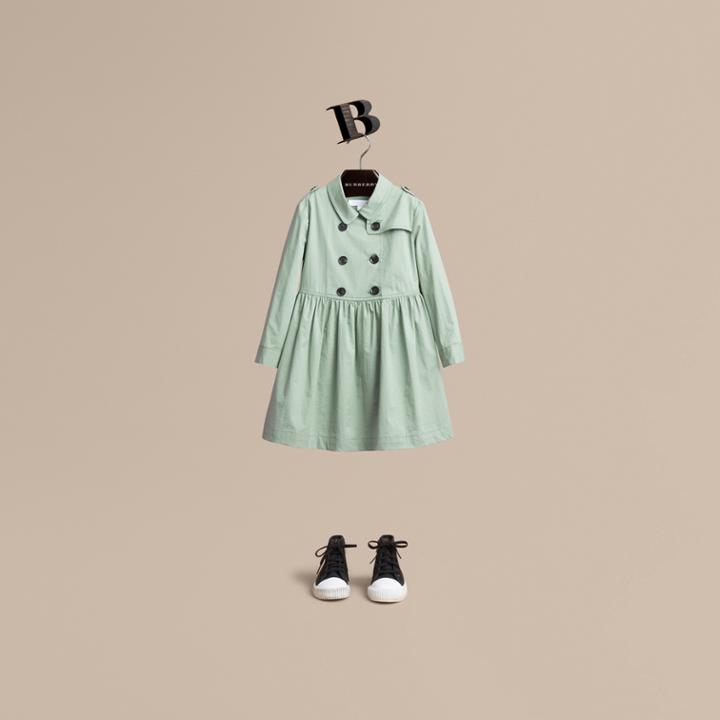 Burberry Burberry Check Detail Stretch Cotton Trench Dress, Size: 8y, Green