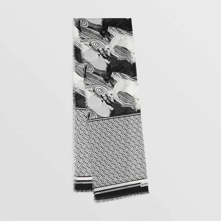 Burberry Burberry Deer And Monogram Print Wool Silk Scarf, Monochrome