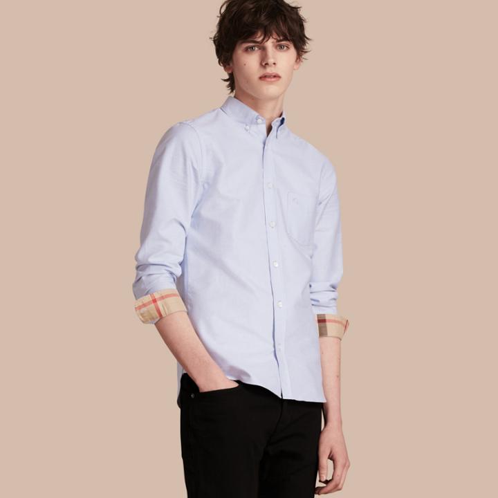 Burberry Burberry Check Detail Cotton Oxford Shirt, Size: Xs, Blue