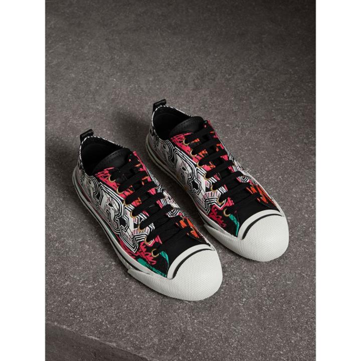 Burberry Burberry Doodle Print Coated Cotton Sneakers, Size: 37.5, Black