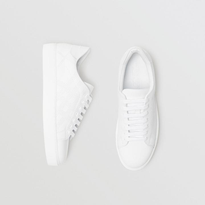 Burberry Burberry Perforated Check Leather Sneakers, Size: 37, White