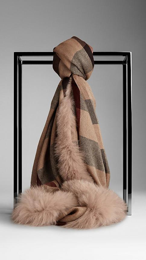 Burberry Fur Trim Cashmere Check Scarf