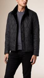 Burberry Check Detail Quilted Jacket With Corduroy Collar