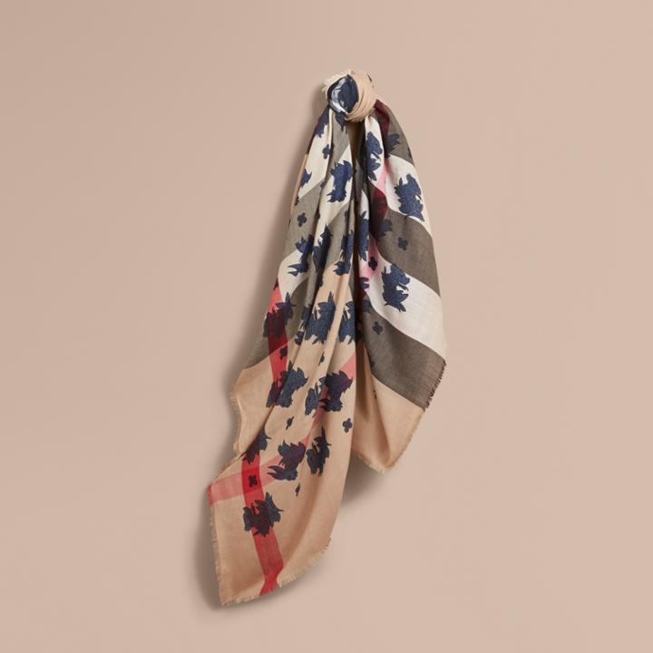 Burberry Burberry Beasts Print And Check Silk Wool Blend Square Scarf, Brown