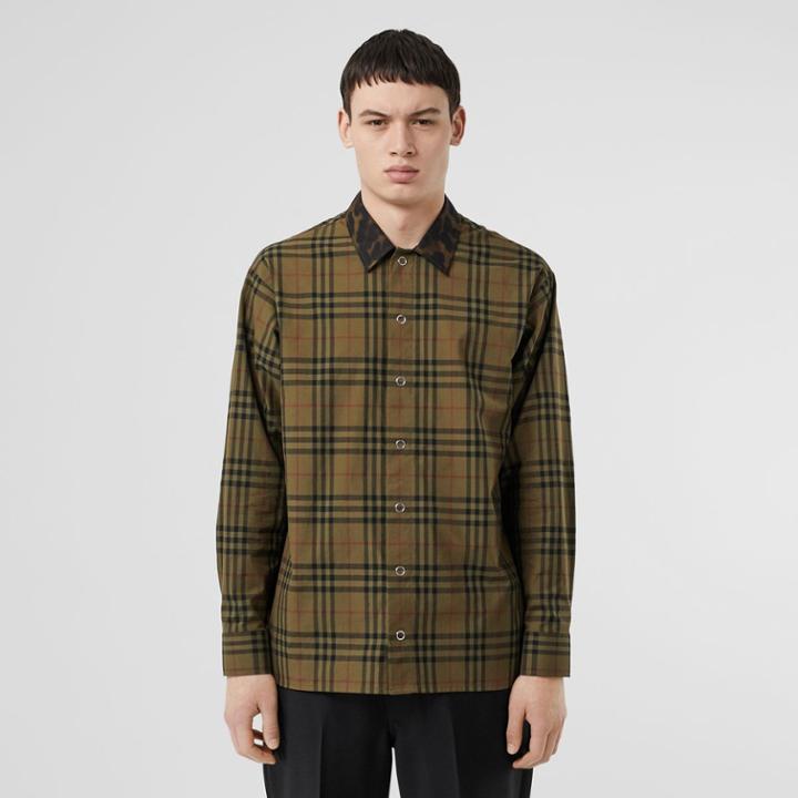 Burberry Burberry Contrast Collar Vintage Check Cotton Shirt, Green