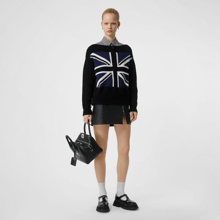Burberry Burberry Zip Detail Union Jack Intarsia Cotton Sweater, Size: M, Black