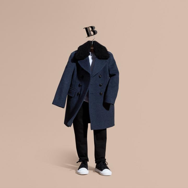 Burberry Burberry Technical Wool Coat With Detachable Shearling Collar, Size: 14y, Blue