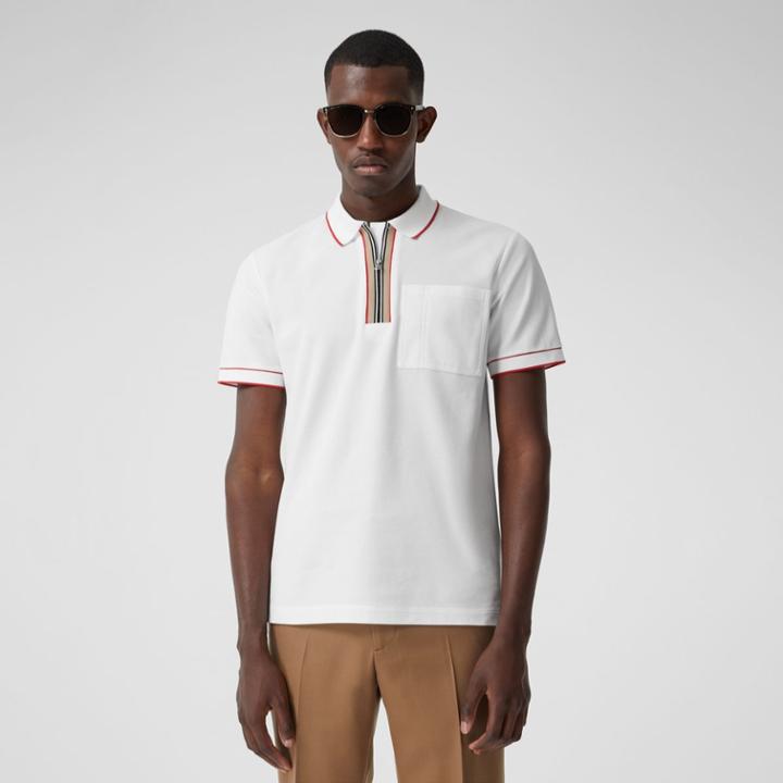 Burberry Burberry Icon Stripe Detail Cotton Zip-front Polo Shirt, Size: M, White