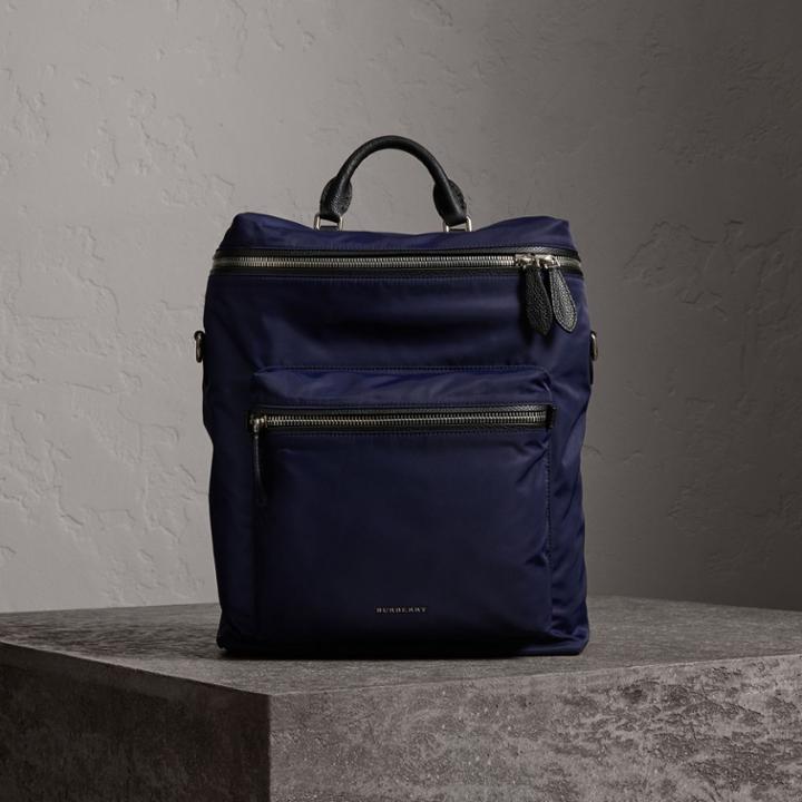 Burberry Burberry Zip-top Leather Trim Showerproof Backpack, Blue