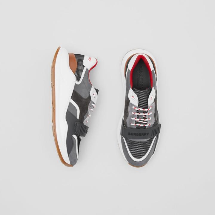 Burberry Burberry Suede, Leather And Mesh Sneakers, Size: 42, Grey