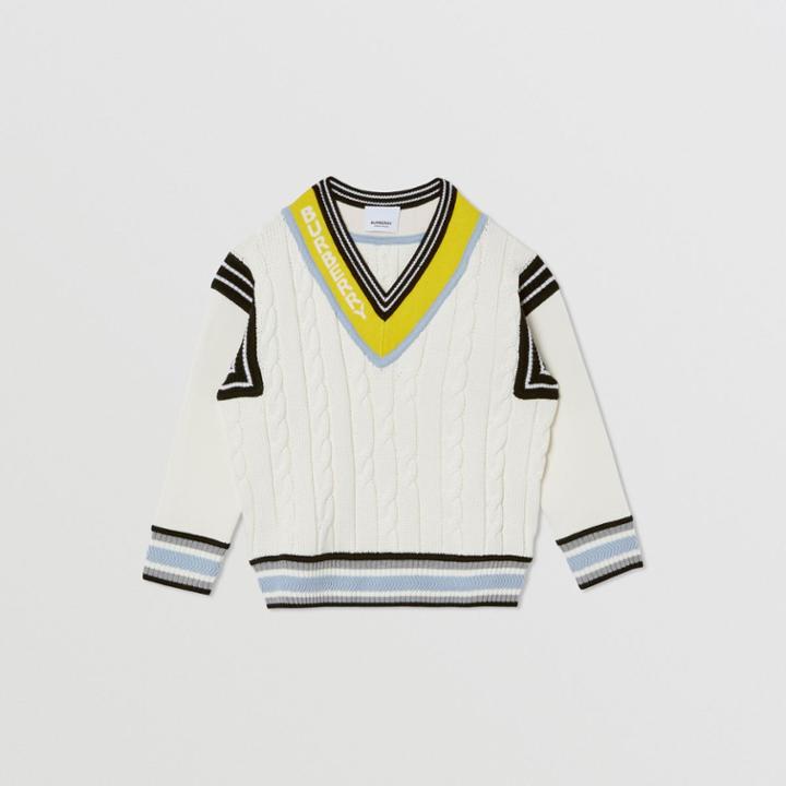 Burberry Burberry Childrens Logo Jacquard Cable Knit Cotton Cricket Sweater, Size: 10y