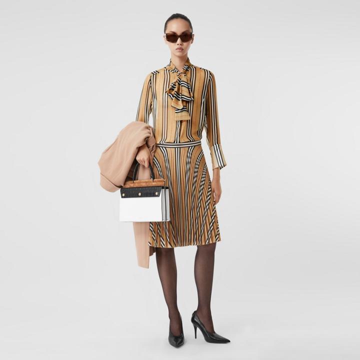 Burberry Burberry Logo And Stripe Print Crepe Pleated Skirt, Size: 08, Beige