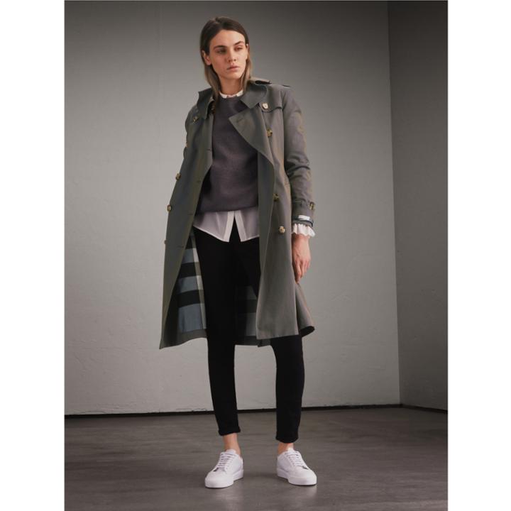 Burberry Burberry Tropical Gabardine Trench Coat With Ruffle Detail, Size: 12, Blue