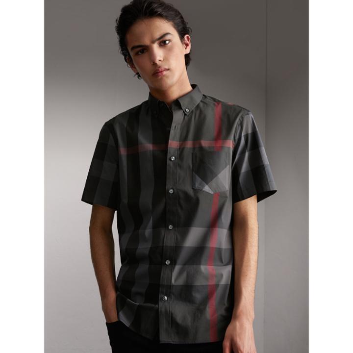 Burberry Burberry Short-sleeve Check Stretch Cotton Blend Shirt, Size: Xs, Grey