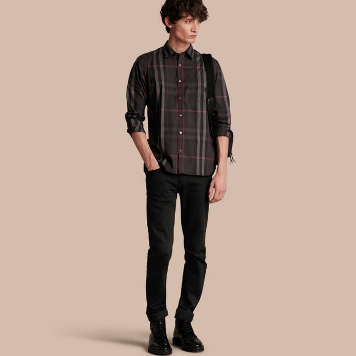 Burberry Burberry Check Stretch Cotton Shirt, Size: M, Black