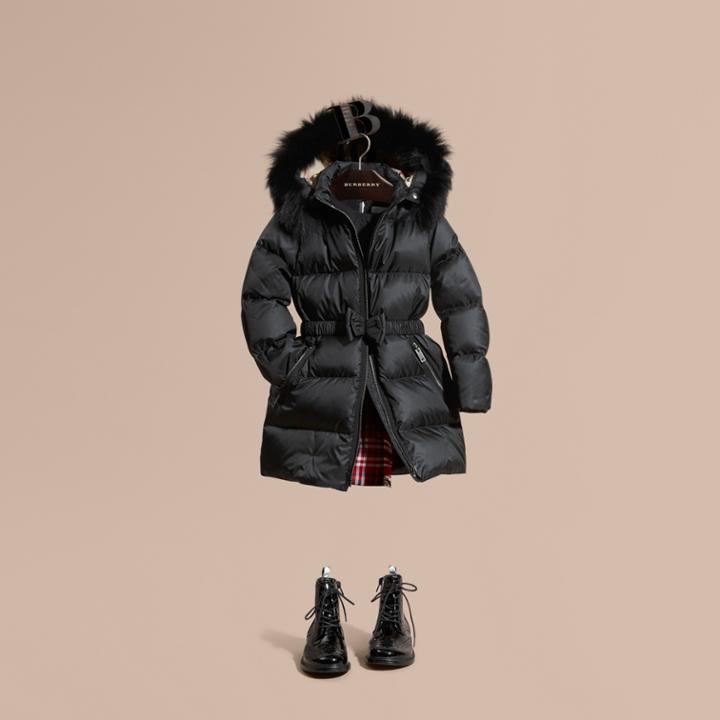 Burberry Burberry Detachable Fox Fur Trim Hood Down-filled Coat, Size: 6y, Black