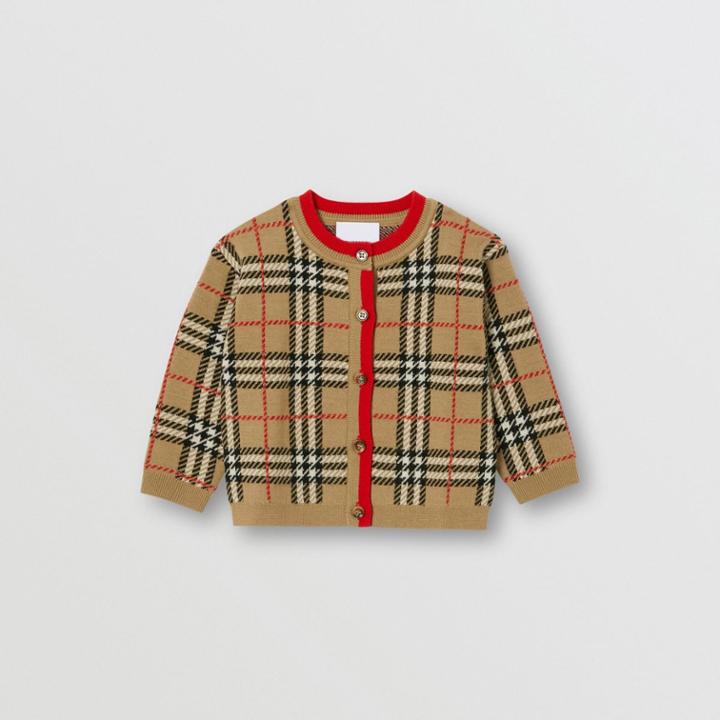 Burberry Burberry Childrens Check Merino Wool Jacquard Cardigan, Size: 12m