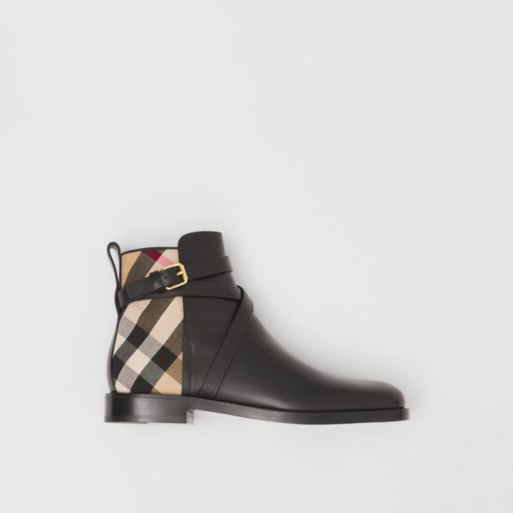 Burberry Burberry House Check And Leather Ankle Boots, Size: 37.5