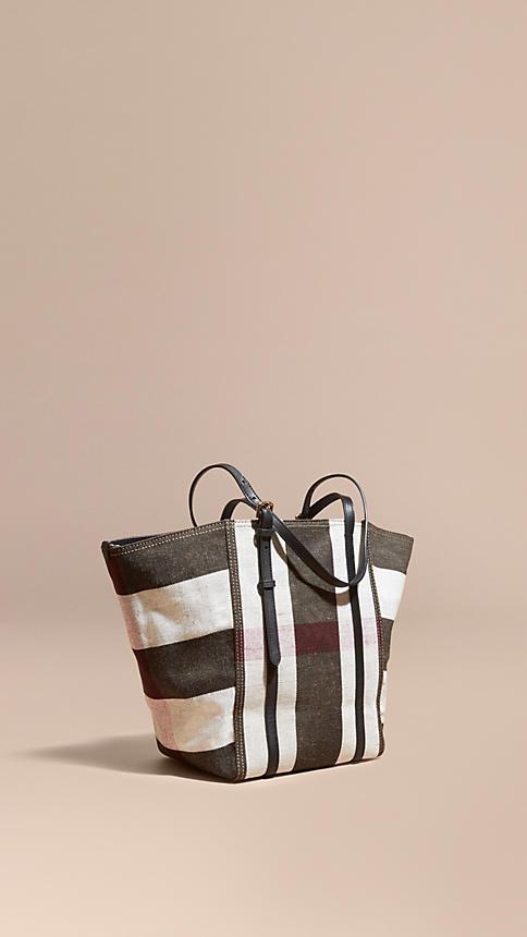 Burberry Striped Canvas Tote With Leather Trim