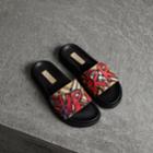 Burberry Burberry Graffiti Print Vintage Check And Leather Slides, Size: 37, Yellow