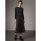 Burberry Burberry Long-sleeve Lattice Floral Print Silk Gathered Dress, Size: 04, Black
