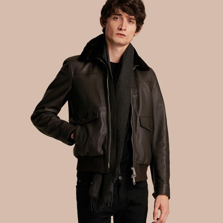 Burberry Burberry Textured Leather Jacket With Detachable Mink Collar, Size: 38, Brown