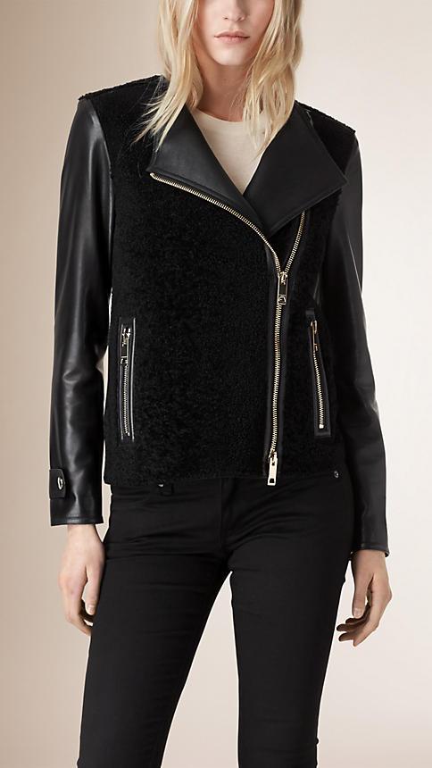 Burberry Shaved Shearling Biker Jacket With Lambskin Sleeves