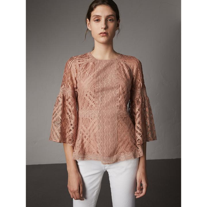 Burberry Burberry Bell-sleeve Floral And Check Lace Top, Size: 06, Pink