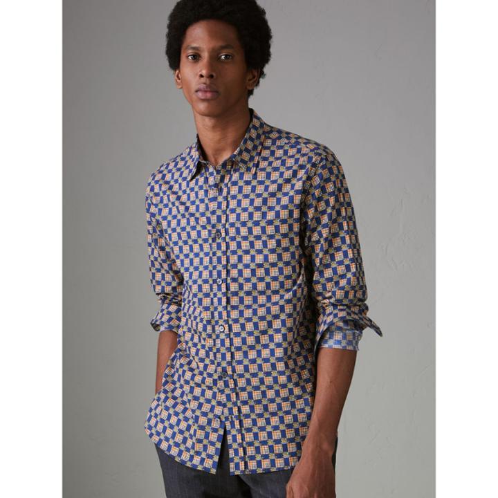 Burberry Burberry Tiled Archive Print Cotton Shirt, Size: Xs, Blue