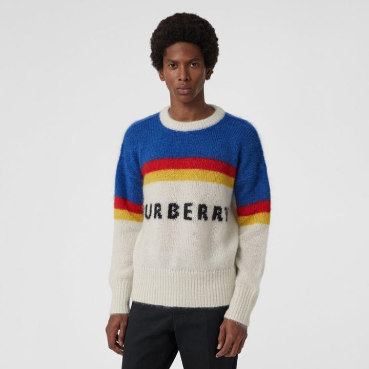 Burberry Burberry Striped Logo Intarsia Mohair Wool Blend Sweater, Blue