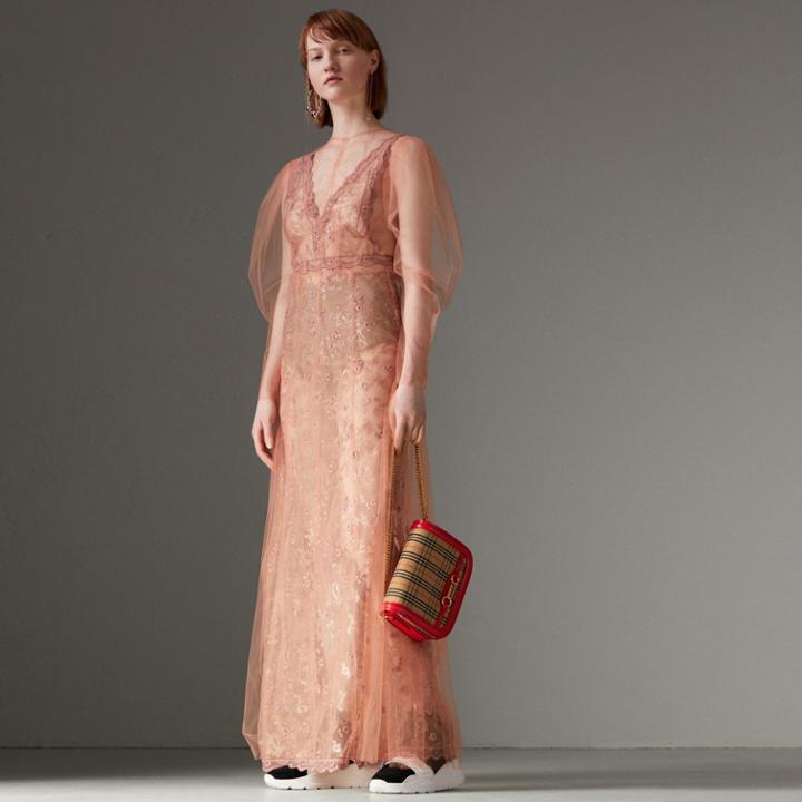 Burberry Burberry Floral-embroidered Puff-sleeve Dress, Size: 00, Pink