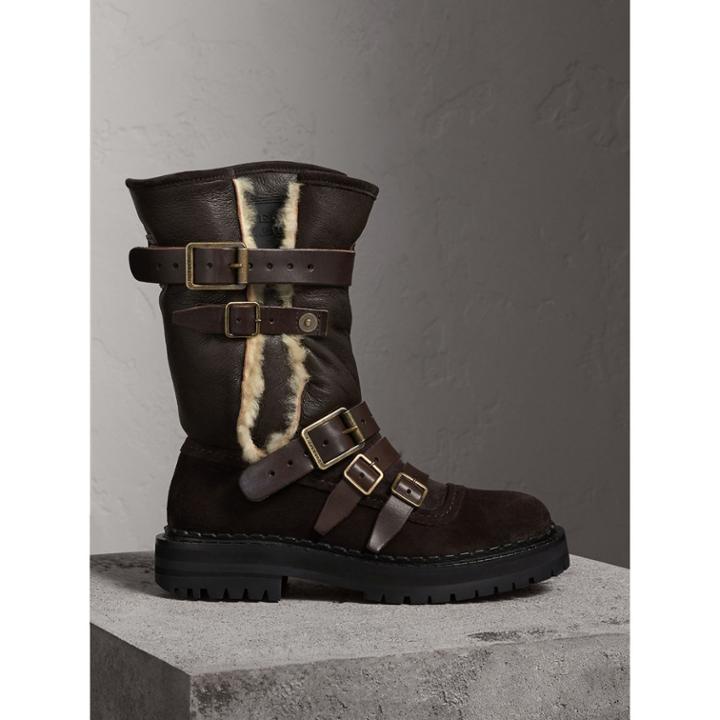 Burberry Burberry Buckle Detail Shearling And Suede Boots, Size: 38, Brown